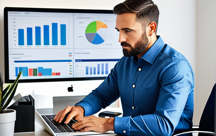 A professional male blogger, fully clothed in a modest casual business shirt and smart trousers, sitting at a modern desk in a well-lit home office. He is focused on a laptop screen displaying analytics dashboards and content drafts, with a serious but engaged expression. The background features a neatly organized workspace with a few minimalist decor elements. The scene conveys a sense of productivity and digital expertise. Perfect anatomy, correct proportions, well-formed hands, proper finger count, natural body proportions, natural pose. Professional photography, high detail, sharp focus, vibrant lighting, safe for work, appropriate content, fully clothed, professional, family-friendly.