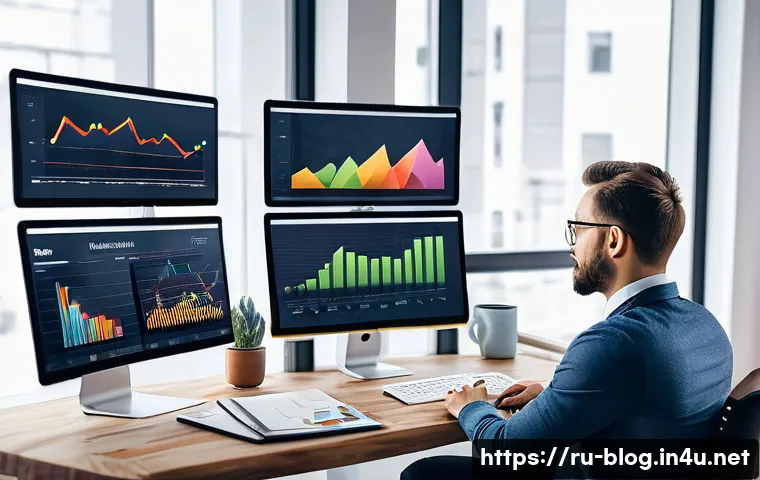 블로그 마케터가 알아야 할 콘텐츠 기획 노하우 - A modern digital marketing workspace featuring a Russian-speaking content creator analyzing audience...