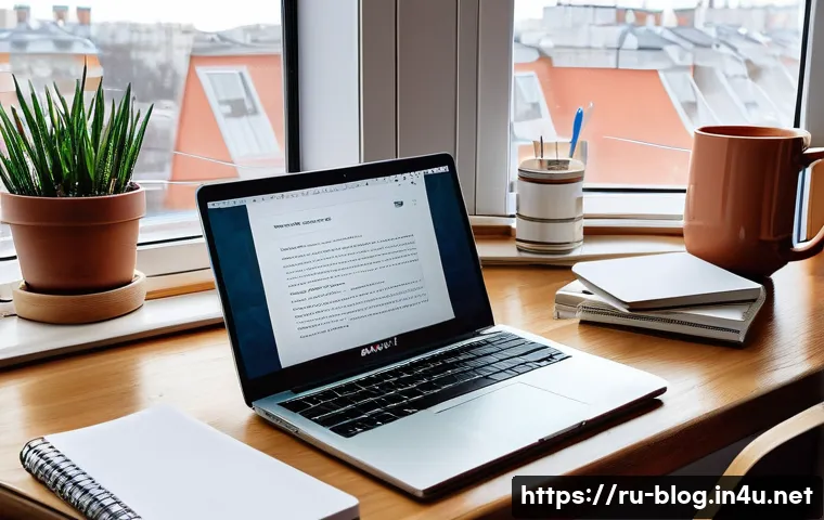 블로그 마케팅 초보자를 위한 가이드 - A cozy home office setup for a beginner blogger in Russia, featuring a modern laptop displaying the ...