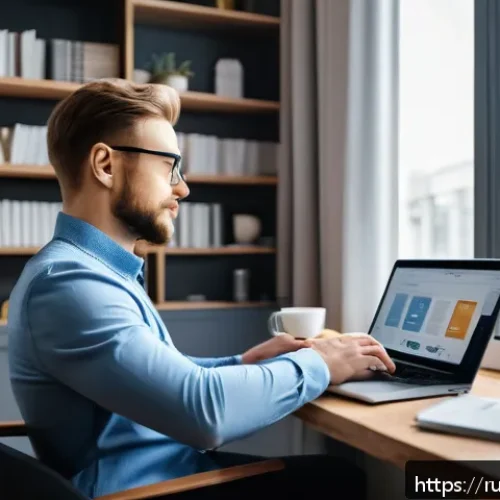 블로그 마케팅과 이메일 마케팅 연계 방법 - A modern, cozy home office setting with a young Russian professional in smart casual attire sitting ...