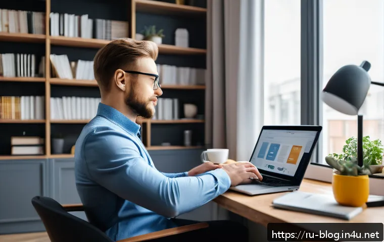 블로그 마케팅과 이메일 마케팅 연계 방법 - A modern, cozy home office setting with a young Russian professional in smart casual attire sitting ...